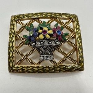 Joan Rivers Flower Basket Framed Rhinestone Enamel Pin Brooch Basket Weave Gold